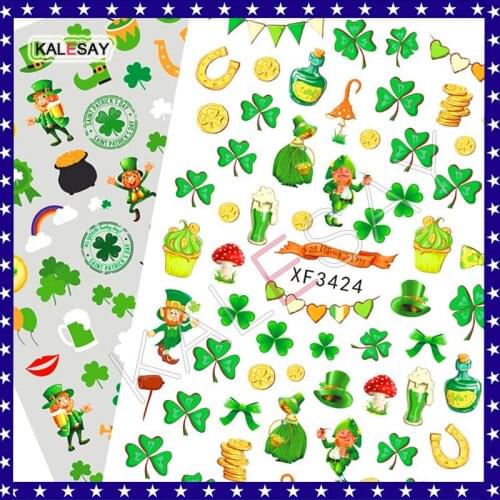 Green Nail Stickers for Manicure Design Clover Fire Elfin Love Back Glue Nail Art Sticker Decoration Flag Decals Fire Flame