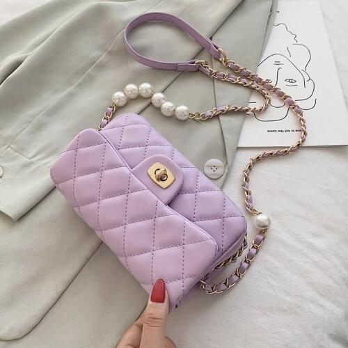 For Women 2022 Fashion Small Shoulder Bag Female Handbags And Purses Quilted Pearl Chain PU Leather solid Color Crossbody Bags