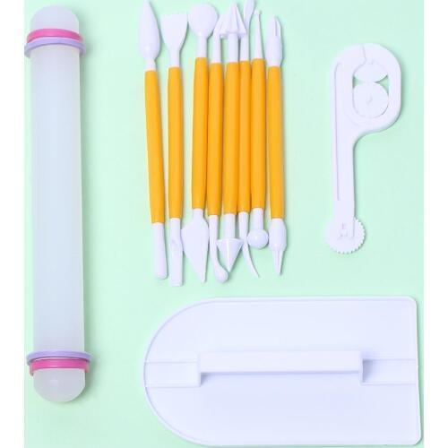 14pcs/set Sugarcraft Icing Cake Smoother Fondant Cake Decorating Tools Cutter Mould Embosser Rolling Pin Cake Tools