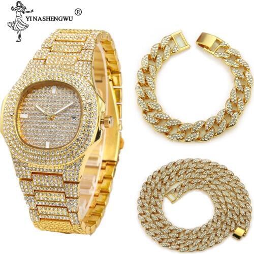3 Pcs Necklace+Watch+Bracelet Hip Hop Miami Cuban Chain Gold Color Iced Out Paved Rhinestones CZ Bling Rapper Men Jewelry Joyas