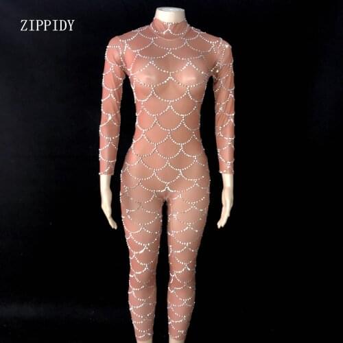 Sexy See Through Silver Rhinestones Bodysuit Transparent Leggings Performance Birthday Outfit Evening Birthday Celebrate Rompers