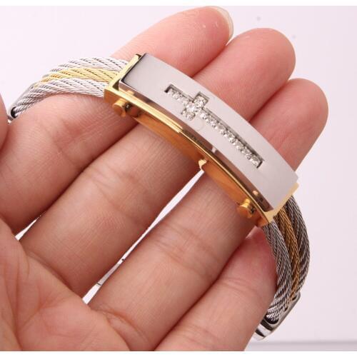 12mm Hipper Stainless Steel Silver Color&Gold Crystal Cross Wire Chain Cuff Bracelet Mens Boys Wristband Jewelry Christmas Gift