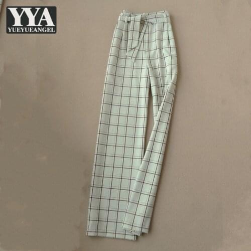 New Women Casual Straight Trousers High Waist Plaid Suit Pants Fashion Spring Autumn Sashes Button Office Ladies Wide Leg Pants