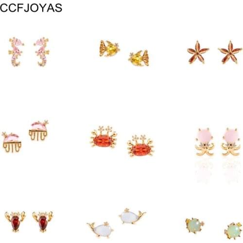 CCFJOYAS 9 pair/set 925 Silver Seabed Small Animal Cute Earrings Set for Women Colorful Zircon Exquisite Piercing Earring set
