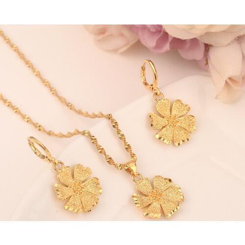 24 k Fine gold GF Necklace Earring Set Women Party Gift flower Jewelry Sets daily wear mother gift DIY charms Sjolid Jewelry