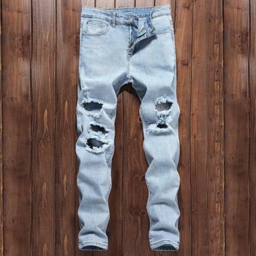 Spring Summer New Light Colored Mens Jeans Blue Stretch Slimming Holes Mens Long Pants