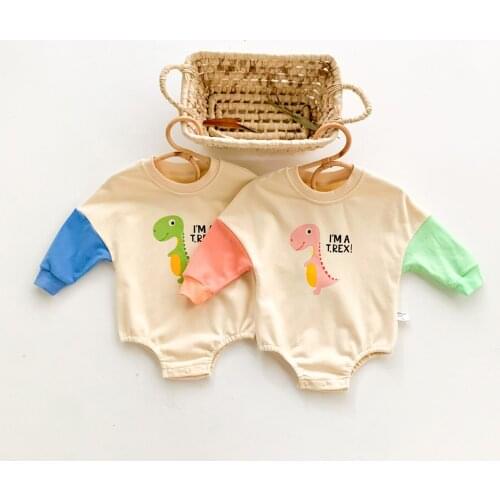 FOCUSNORM 0-12M Newborn Baby Girls Boys Romper 2 Colors Dinosaur Printing Long Sleeve Color Patchwork Jumpsuits