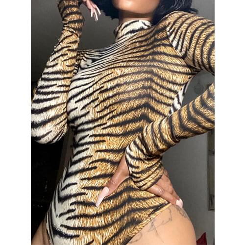 OMSJ Cheetah Print Jumpsuit 2019 Long Sleeve Gloves Fall Leopard Bodysuit For Women Sexy Bodycon Skinny Basic Overalls Clubwear