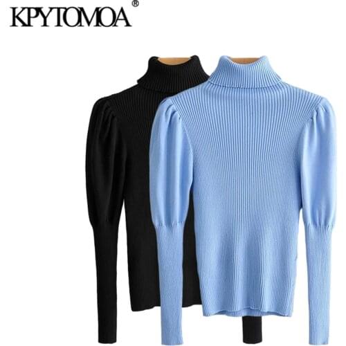 KPYTOMOA Women 2021 Fashion Fitted Knitted Sweater Vintage High Neck Puff Sleeve Female Pullovers Chic Tops