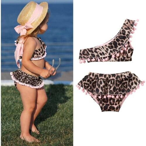 Summer Toddler Infant Kids Baby Girls Leopard Printed Tassels Swim Top Two Pieces Ruffles Bikini Set Beach Swimwear Swimsuit#p4