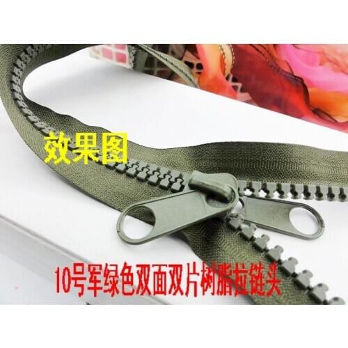 10meters zip+5pcs pullers/10#resin zippers/army green/two side/double sliders reversible for tent Outdoor sleeping sewing bag