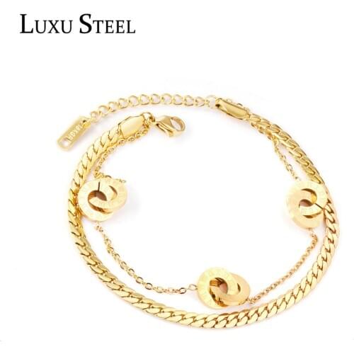 LUXUSTEEL Classic Men Bracelets Gold Color 25cm Length Stainless Steel Roman Number Double Bracelets Bangles Valentine days Gift