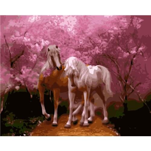 Painting By Numbers DIY Dropshipping 40x50 50x65cm Pink Forest Two Horses Animal Handmade Gift For Adult Unique Gift Home Decor