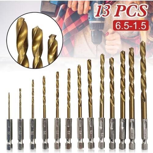 13PCS/set Drill Bit Set HSS High Speed Steel Titanium Safely 1/4 Shank 1.5-6.5mm Home Tools