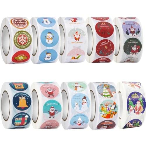 500Pcs/Roll Merry Christmas Stickers Santa Claus Snowman Animals Tree Decorative Wrapping Happy New Year Gift Box Label Xmas Tag