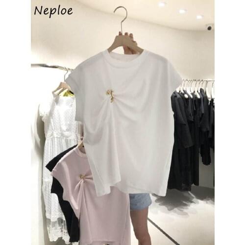 Neploe Korean 2021 Summer Woman Tshirts New Short Sleeve Solid Color T-shirt Round Neck Pleated Metal Decorative Tees