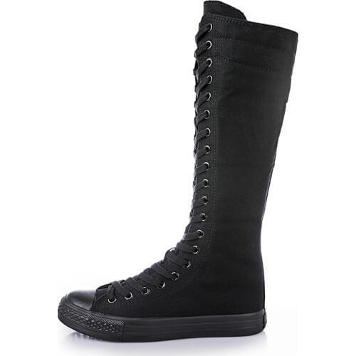 2019 New Spring Autumn Women Shoes Canvas Casual High Top Shoes Long Boots Lace-Up Zipper Comfortable Flat Boots Sneakers R3-19