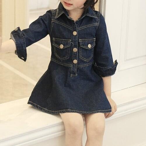 Girls Dress 2020 Spring ChildrenS Clothing Korean Style Long-Sleeved Denim ChildrenS Clothing Lapel Nine-Point Sleeve Dress