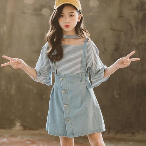 New 2020 Casual Blue Buttons Denim Skirts For Baby Big Girls Jeans Summer Suspenders Skirt Kids Clothing Children Toddler Skirt