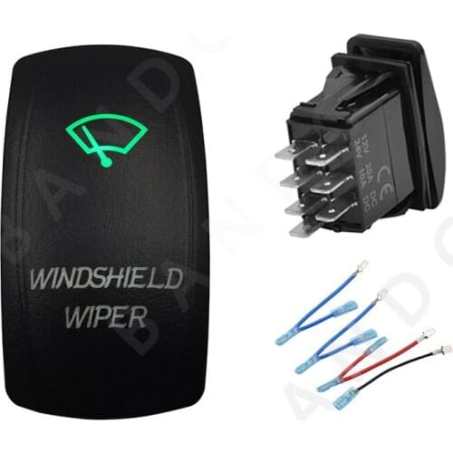WINDSHIELD WIPER 7P ON-OFF-ON DPDT Green LED Light Laser-Etched Rocker Switch for Car Boat Marine ARB RV Bus Truck，Jumper Wire