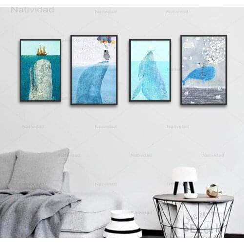 Ferocious whale sharks in the sea classical cartoon Canvas Painting Wall Art cute penguin posters and prints home decoration