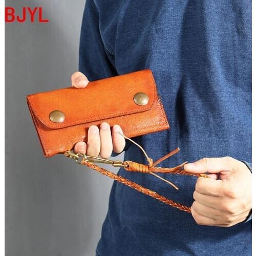 2020 Vintage Leather Wallet Mens Long Wallet Tri-fold Ticket Clip Anti-theft Wallets Chain Card Holder Purse Mobile Phone Bag