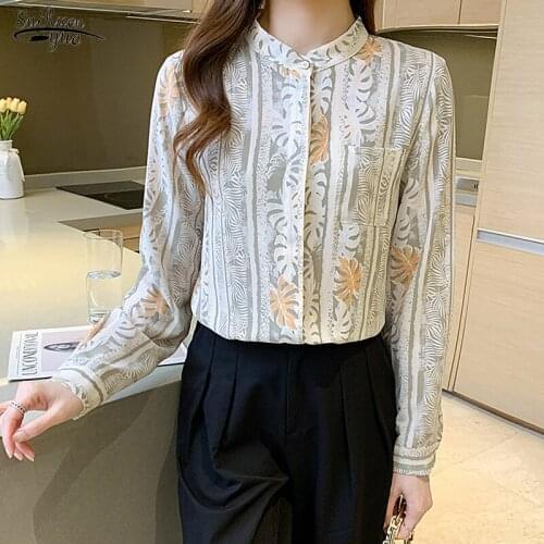 Retro Stand Collar Floral Blouse Chiffon Woman Long-sleeved Button Elegant Slim Shirt Top Autumn 2021 Casual Woman Clothes 16386