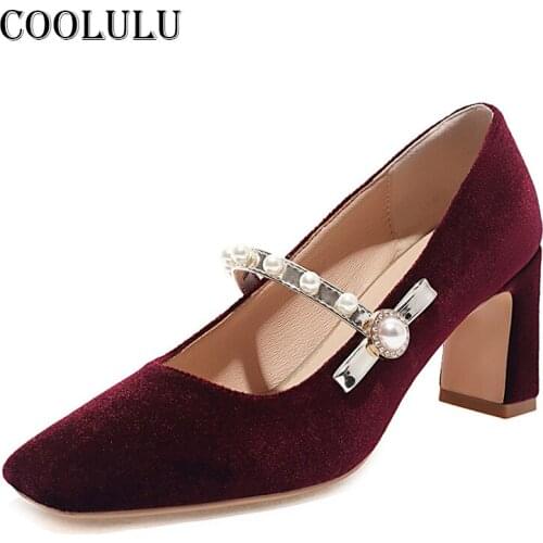 COOLULU Velvet Mary Janes Shoes Square Toe High Heels Chunky Heel Dress Pumps Pearl Female Footwear 2021 Spring Red Big Size 48