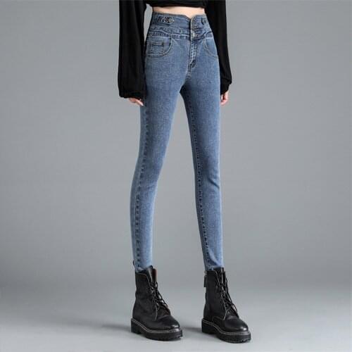 Women Jeans High Waist Slim Light Blue Jeans High Elasticity Slimming Retro Streetwear 2021 Winter Warmth and Velvet Feet Pants