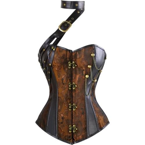 Womens Punk Steampunk Faux Leather Jacquard Splicing Steel Boned Lace up Buckle Halter Overbust Corset Waist Cincher Bustier