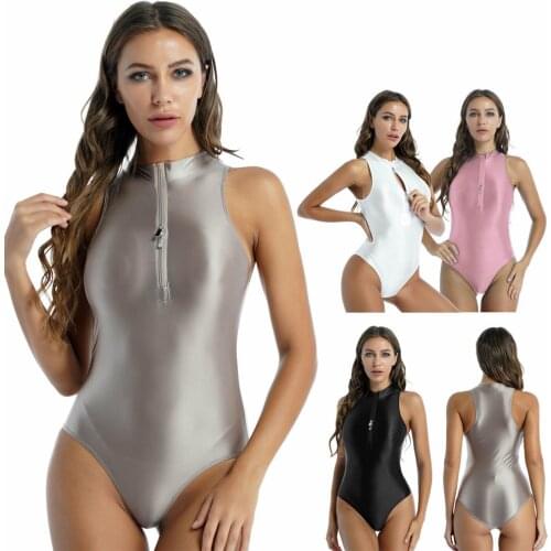 Women Glossy Sleeveless Skinny Bodysuit School Girl Swimsuit Solid Color Double Zipper Front Shiny Leotard Swimwear