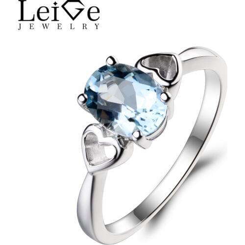 Leige Jewelry March Birthstone Real Natural Aquamarine Ring Promise Ring Blue Gemstone 925 Sterling Silver Ring Heart Shape Ring