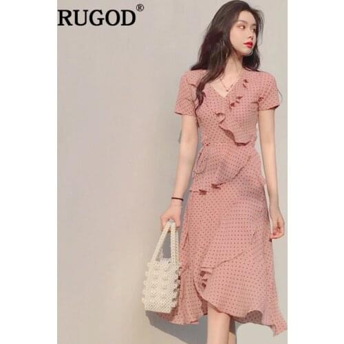 RUGOD 2019 Fashion Sweet Chiffon Women Dress Summer Solid Small Dot Female Dress V-Neck Cascading Ruffle Dresses Femme Robe