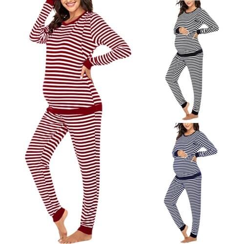 4# 2021 Maternity Nightwear Women Maternity Long Sleeve Nursing T-shirt Tops+striped Pants Pajamas Set Suit Pijama Embarazo