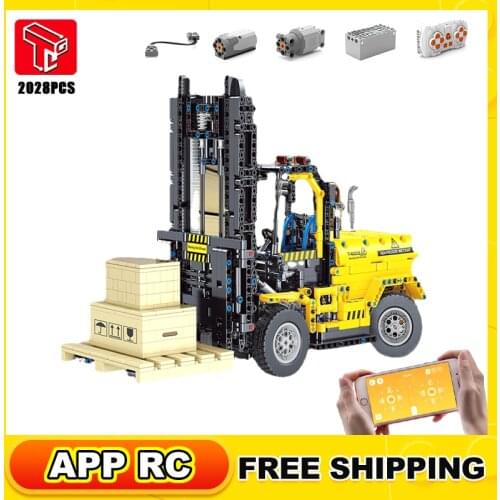 High-Tech City Engineering Truck Vehicle Building Blocks App Rc Car Road Roller Forklift Crane Mechanical Bricks Toys For Boys