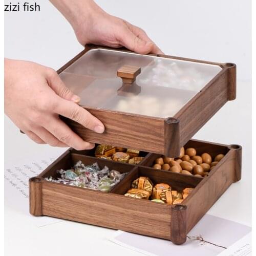 Wooden Four Dried Fruit Candy Storage Box with Lid Double-layer Snack Nut Compartment Storage Tray Kitchen Storage Container New