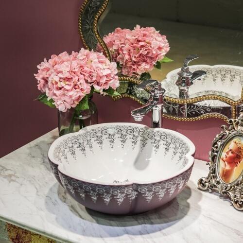 Purple flower Europe style china washbasin sink Jingdezhen Art Counter Top ceramic bathroom sink antique porcelain bathroom