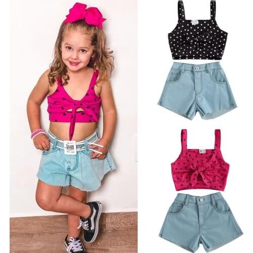FOCUSNORM Valentines Kids Girls 1-6Y Clothes Sets Heart Print Sleeveless Bow Strap Vest Tops Blue Denim Shorts 2 Colors