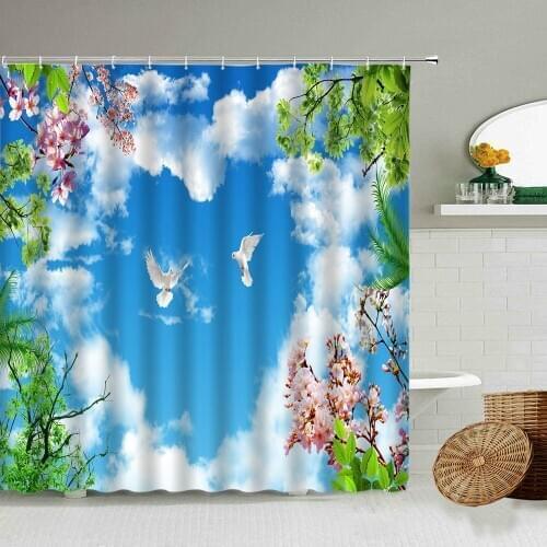 Blue Sky White Clouds Green Leaves Flower Shower Curtain Pigeon Bird Spring Photography Background Bathroom Waterproof Curtains