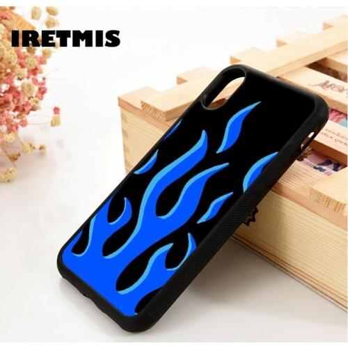 Iretmis 5 5S SE 2020 6 6S Silicone Rubber Phone Case Cover for iPhone 7 8 Plus X Xs 11 12 MINI Pro Max XR Blue Flames
