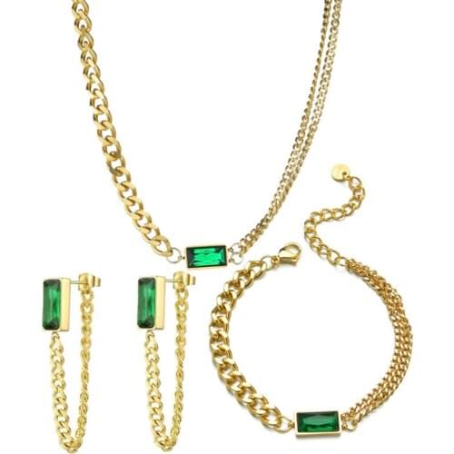 316L Stainless Steel Strip Green Crystal Zircon Necklace Earring Bracelet Set Titanium Steel Wedding Jewelry Set