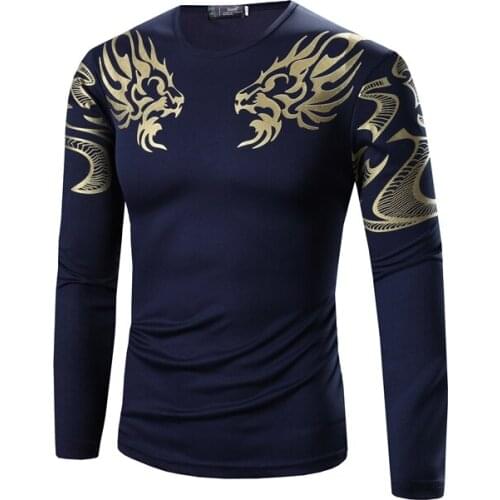 Mens Autumn and Winter New Slim Gilding Printing Basic Round Neck T-shirt Mens Casual Long-sleeved T-shirt