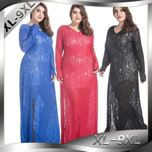 New womens clothing lace v-neck dresses womens dresses european dresses plus size xl-9xl full dress ankle-length 5216