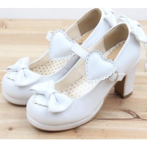 New Cute Bow High Heel Sweet Girl Heart Lolita Round Head Princess Shoes Soft Pu Women Shoes Kawaii Cosplay Anime Female Lolita