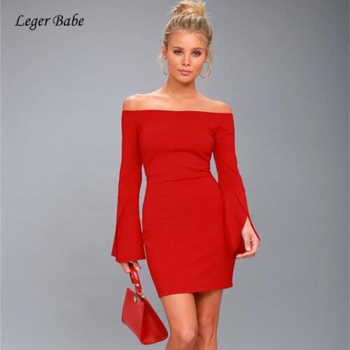 New Arrival Hot Sale Red Women Bandage Dress Long Sleeve Slash Neck Flare Sleeve Celebrity Evening Party Bodycon Dresses