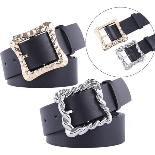 New fashion black wide belt retro personality combination gold and silver buckle geometric square buckle concave belt female