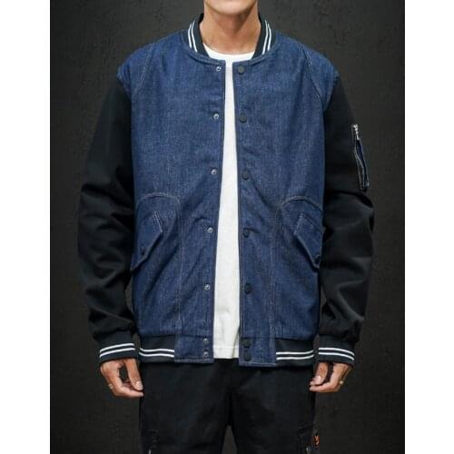 Single-breasted Designer Baseball Jacket O-neck Autumn Denim Patchwork Personality Design Youth Men Tops Coat 7705