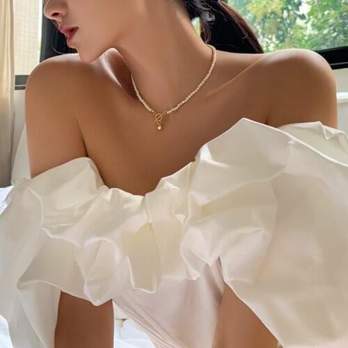 Brass With 18K Gold Natural Pearl OT Chains Necklace Women Jewelry Designer T Show Runway Sweety Boho Japan Korean Sample Trendy