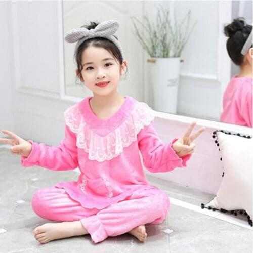 New Autumn Winter Childrens Flannel Pajamas Female Sweet Princess Suit Pink Boy And Girl Protection Coral Fleece Two-Piece