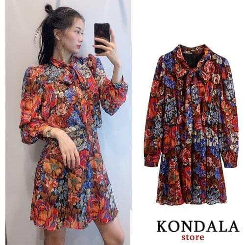 KONDALA Women Dress Za 2020 Vintage Floral Print Chiffon Mini Dress Long Sleeve Bow Tie Elegant Party Dresses Female Vestidos